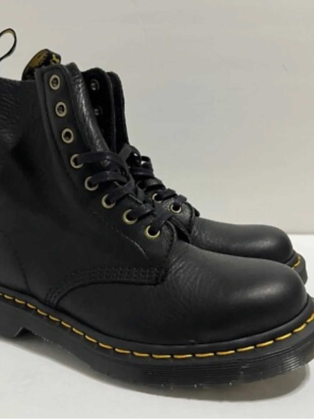 Dr. Martens Black Leather Lace-Up Boots with Yellow Stitching